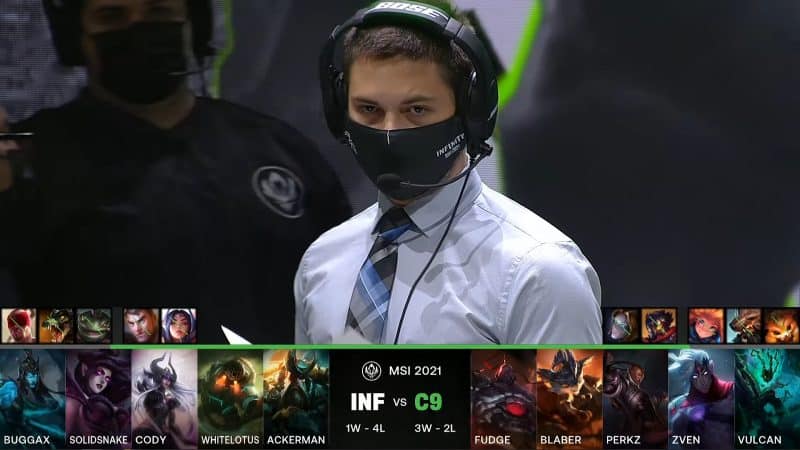 A screenshot from the LoL Esports broadcast for the Mid-Season Invitational (MSI) match between Cloud9 and Infinity Esports. The picked and banned champion drafts appear at the bottom of the image with a shot of INF's coach above.
