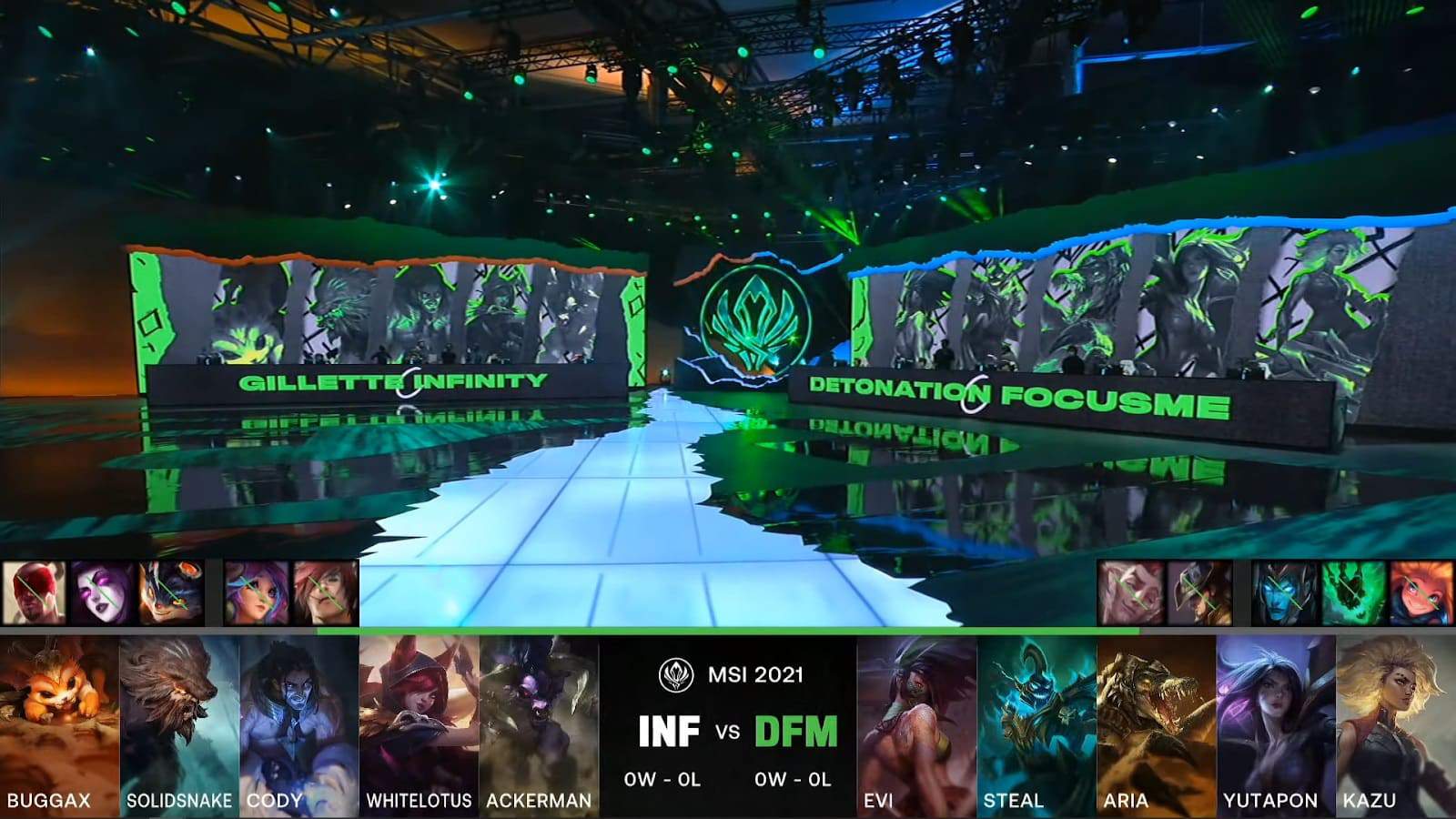 A screenshot from the LoL Esports broadcast for the Mid-Season Invitational (MSI) match between Gillette Infinity and DetonatioN FocusMe. The picked and banned champion drafts appear at the bottom of the image with a shot of the MSI stage above.
