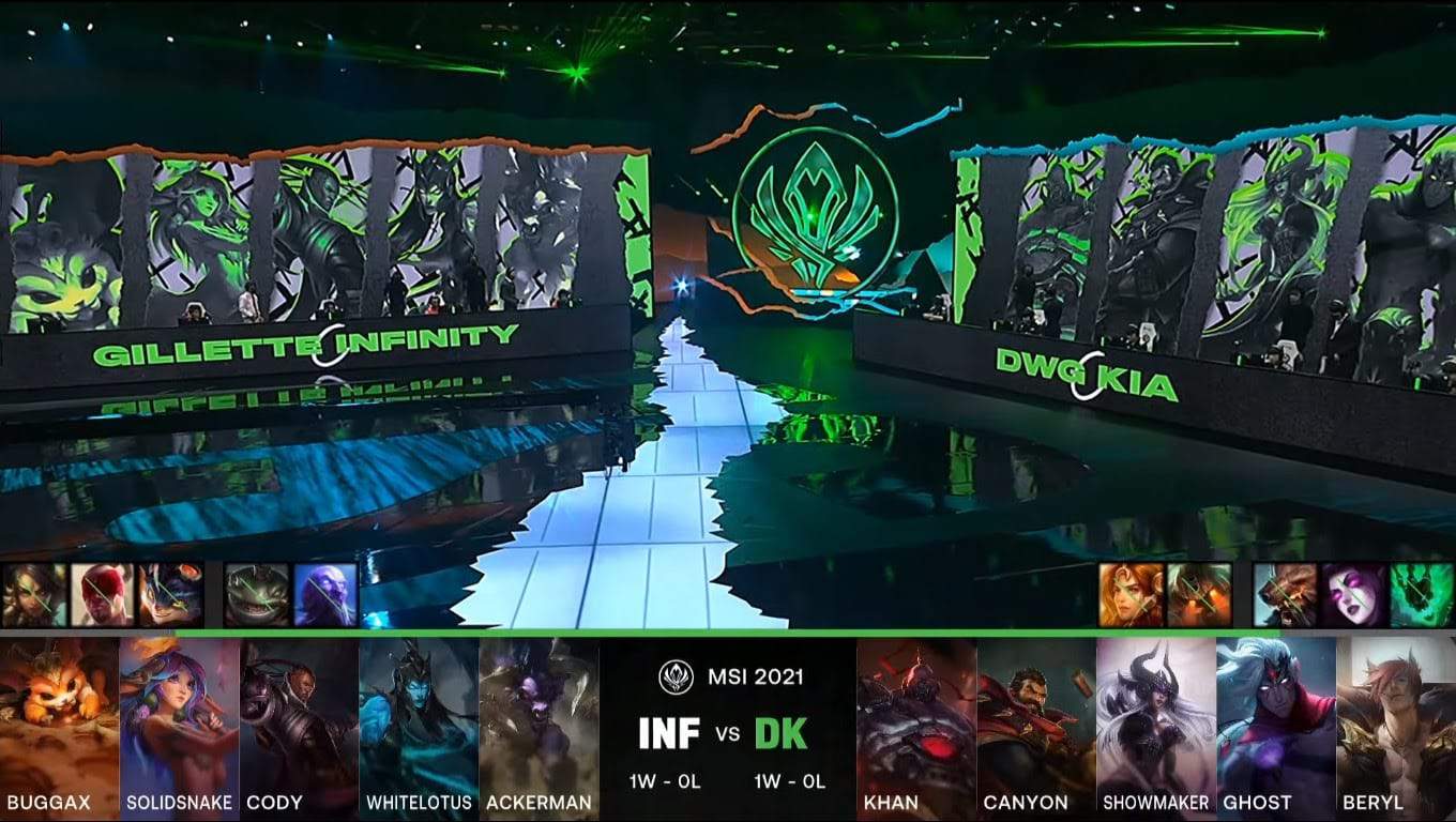 A screenshot from the LoL Esports broadcast for the Mid-Season Invitational (MSI) match between Infinity Esports and DAMWON KIA. The picked and banned champion drafts appear at the bottom of the image with a shot of the 2021 MSI stage above.