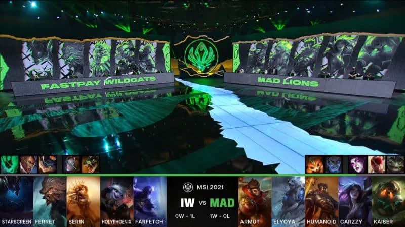 A screenshot from the LoL Esports broadcast for the Mid-Season Invitational (MSI) match between fastPay Wildcats and MAD Lions. The picked and banned champion drafts appear at the bottom of the image with a shot of the 2021 MSI stage above.