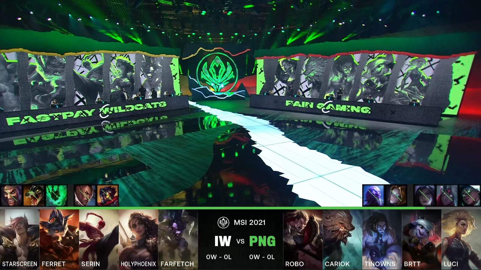 A screenshot from the LoL Esports broadcast for the Mid-Season Invitational (MSI) match between Istanbul Wildcats and paiN Gaming. The picked and banned champion drafts appear at the bottom of the image with a shot of the MSI stage above.