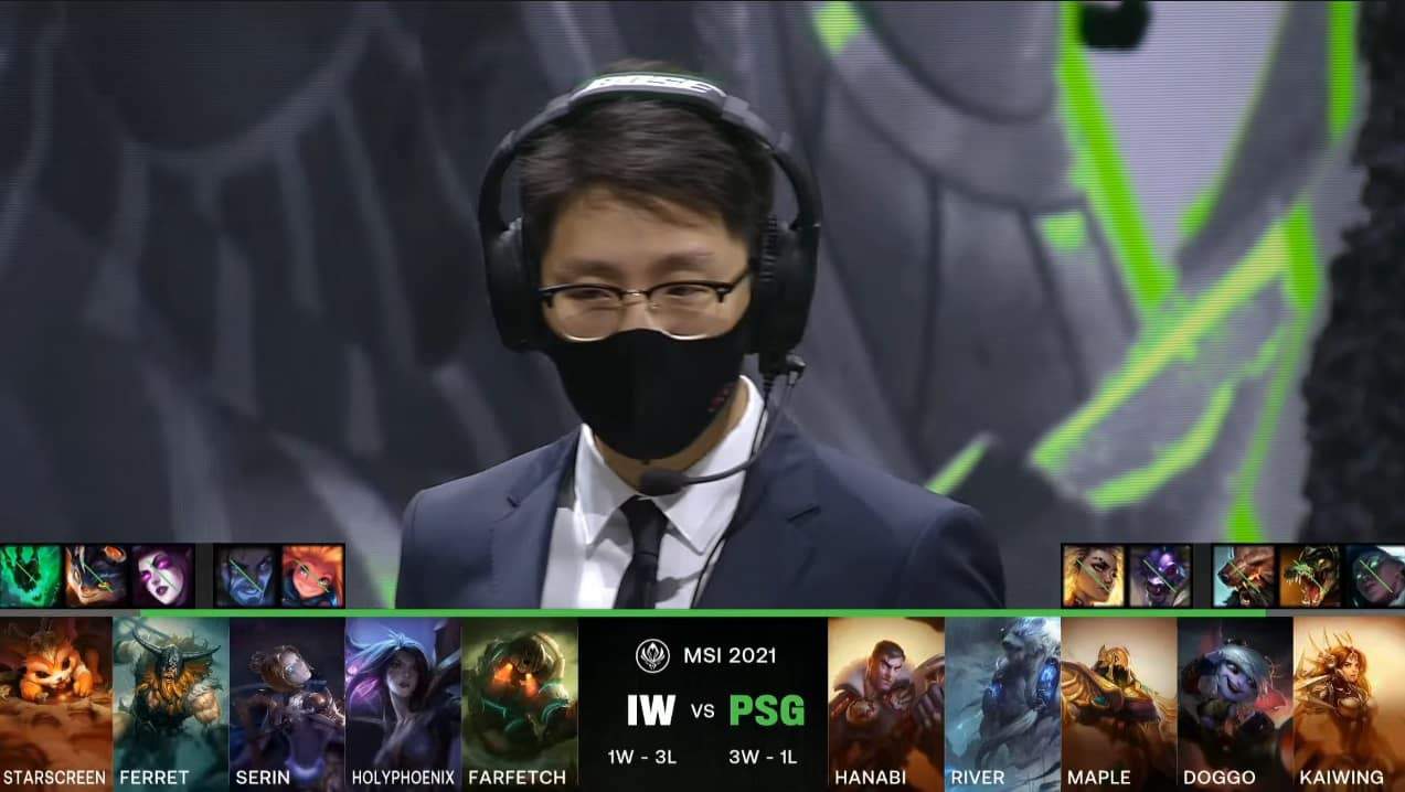 A screenshot from the LoL Esports broadcast for the Mid-Season Invitational (MSI) match between PSG.Talon and fastPay Wildcats. The picked and banned champion drafts appear at the bottom of the image with a shot of the PSG coach above.