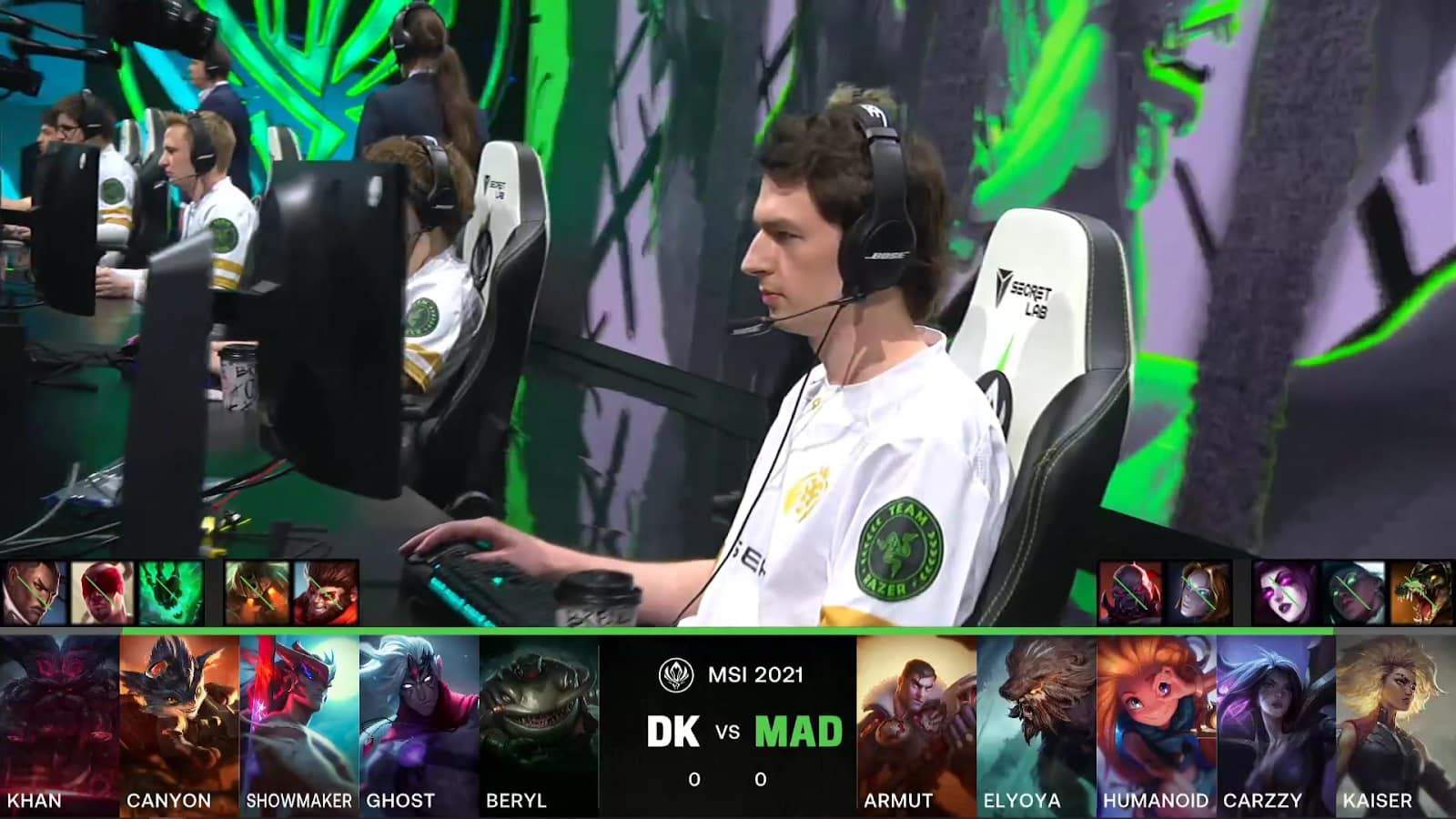 A screenshot from the LoL Esports broadcast for the Mid-Season Invitational (MSI) Semifinal match between MAD Lions and DAMWON KIA. The picked and banned champion drafts appear at the bottom of the image with a shot of MAD Kaiser above.