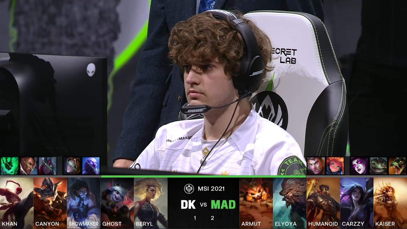 A screenshot from the LoL Esports broadcast for the Mid-Season Invitational (MSI) Semifinal match between MAD Lions and DAMWON KIA. The picked and banned champion drafts appear at the bottom of the image with a shot of MAD Carzzy above.