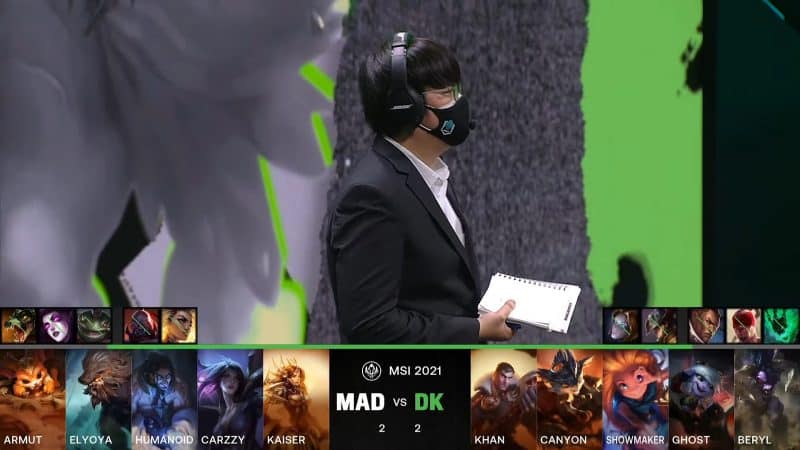 A screenshot from the LoL Esports broadcast for the Mid-Season Invitational (MSI) Semifinal match between MAD Lions and DAMWON KIA. The picked and banned champion drafts appear at the bottom of the image with a shot of the DAMWON coach above.