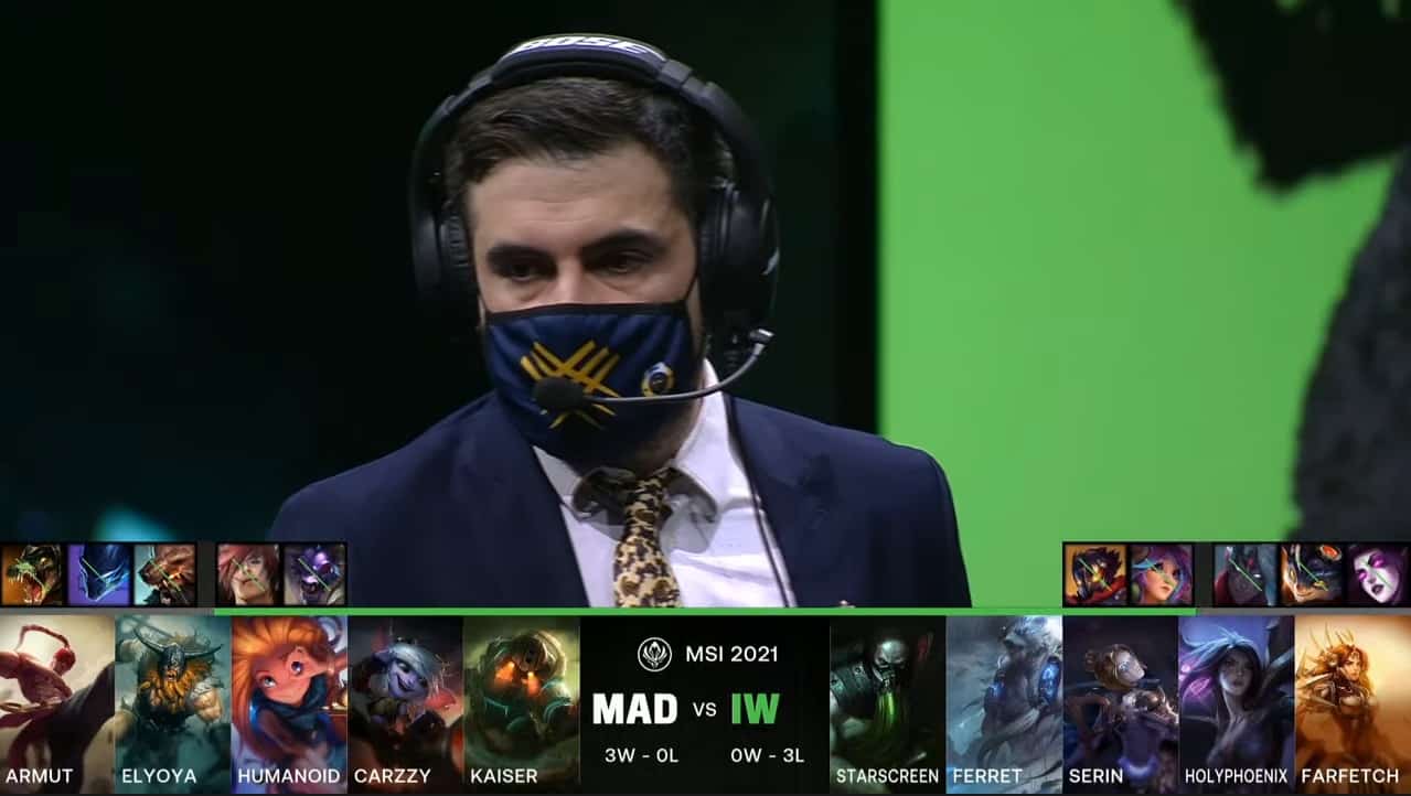 A screenshot from the LoL Esports broadcast for the Mid-Season Invitational (MSI) match between fastPay Wildcats and MAD Lions. The picked and banned champion drafts appear at the bottom of the image with a shot of the IW coach Robogod above.