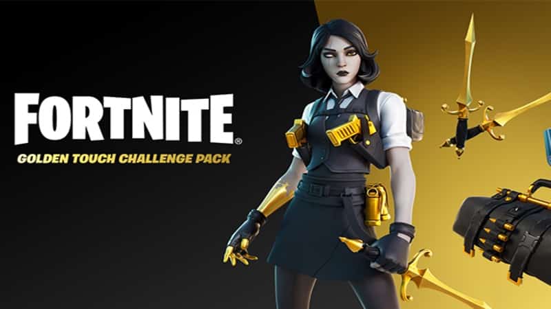 A female secret agent with golden daggers and holstered pistols, the Marigold Fortnite skin, appears next to the words Fortnite Golden Touch Challenge Pack.
