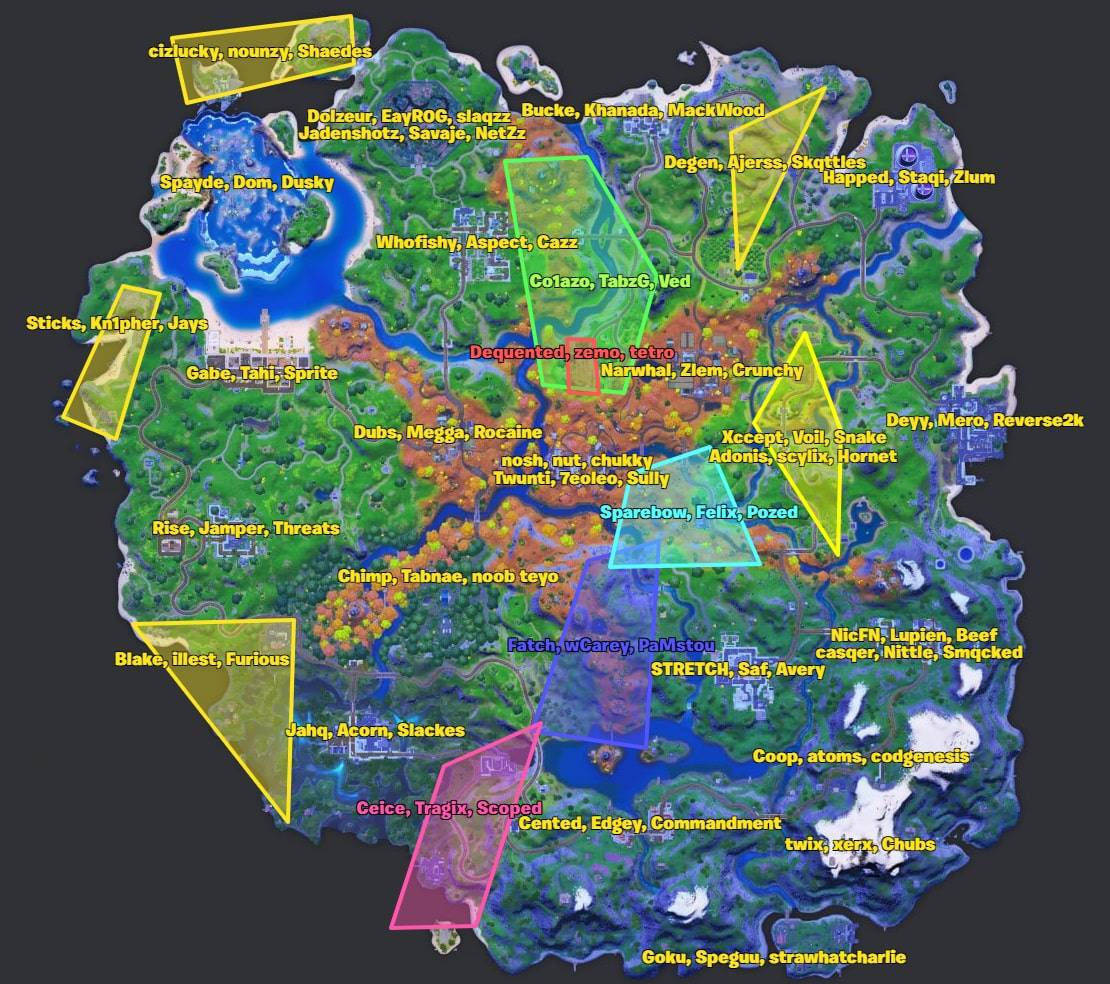 The Fortnite Chapter 2 Season 6 map with preferred drop locations for the NA East FNCS finalists pointed out.