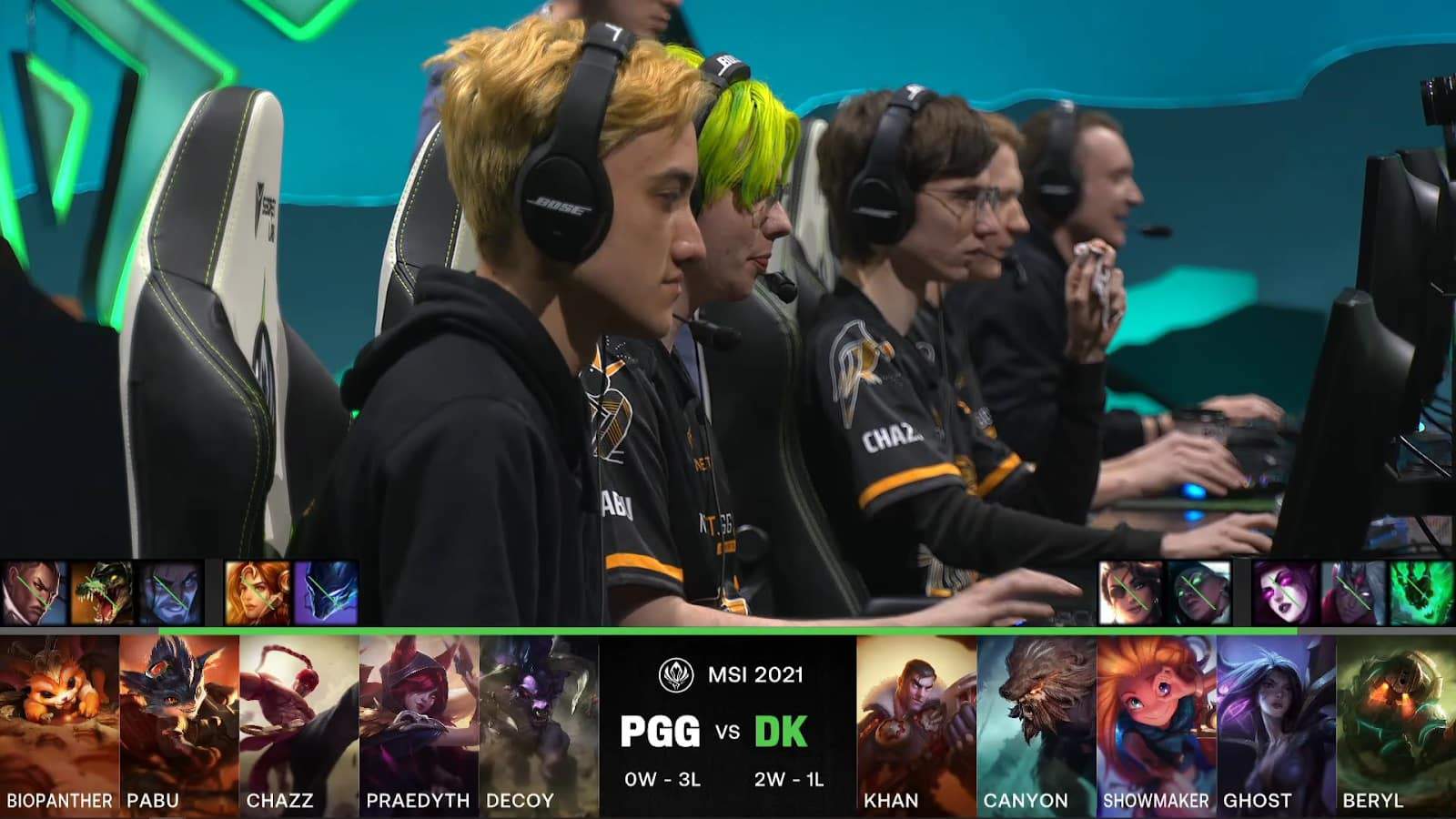 A screenshot from the LoL Esports broadcast for the Mid-Season Invitational (MSI) match between Pentanet.GG and DAMWON KIA. The picked and banned champion drafts appear at the bottom of the image with a shot of the PGG LoL lineup above.