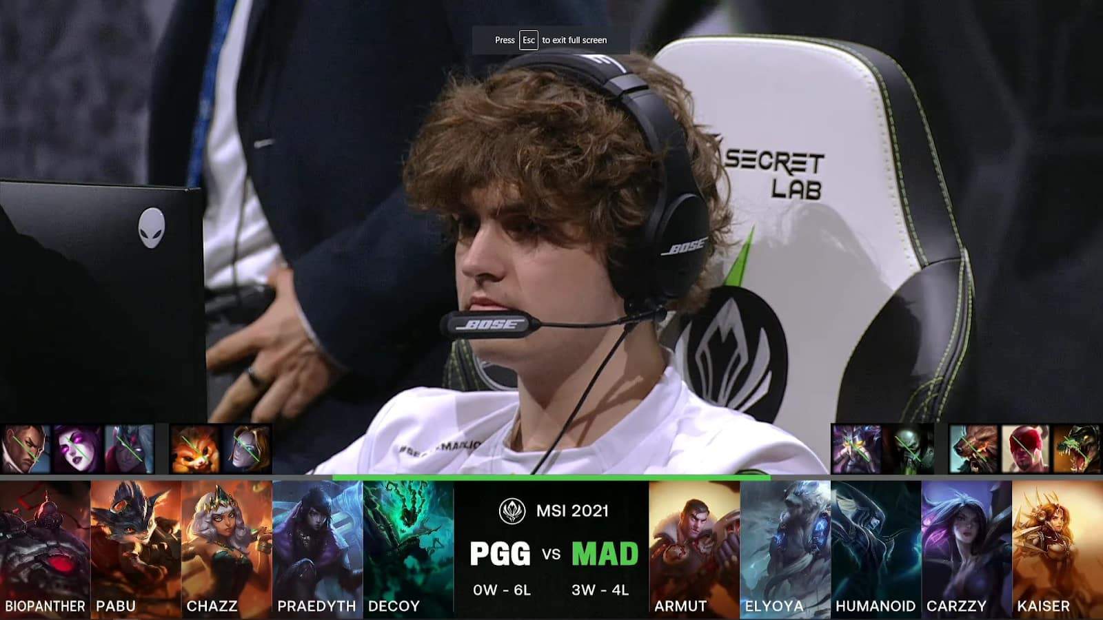 A screenshot from the LoL Esports broadcast for the Mid-Season Invitational (MSI) match between Pentanet.GG and MAD Lions. The picked and banned champion drafts appear at the bottom of the image with a shot of MAD Carzzy above.