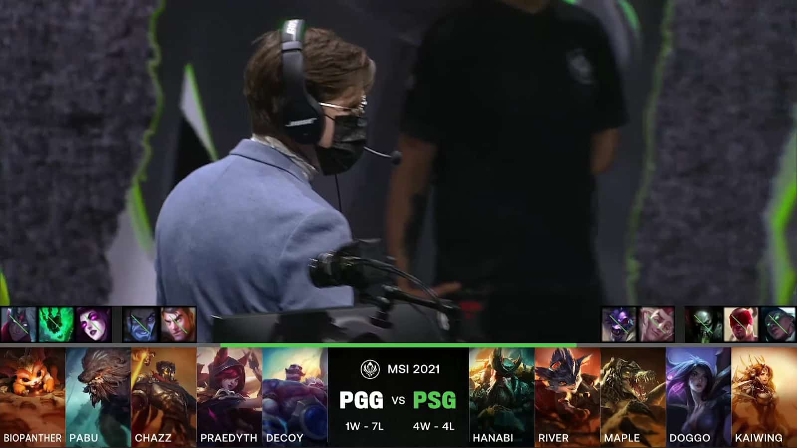 A screenshot from the LoL Esports broadcast for the Mid-Season Invitational (MSI) match between Pentanet.GG and PSG.Talon. The picked and banned champion drafts appear at the bottom of the image with a shot of the PGG coach above.