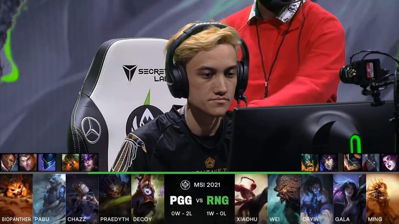 A screenshot from the LoL Esports broadcast for the Mid-Season Invitational (MSI) match between Pentanet.GG and Royal Never Give Up (RNG). The picked and banned champion drafts appear at the bottom of the image with a shot of PGG BioPanther above.