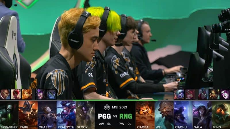 A screenshot from the LoL Esports broadcast for the Mid-Season Invitational (MSI) match between Pentanet.GG and Royal Never Give Up (RNG). The picked and banned champion drafts appear at the bottom of the image with a shot of the PGG LoL roster above.