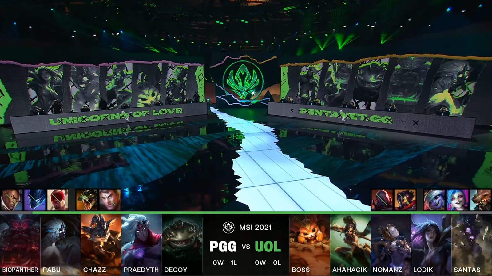 A screenshot from the LoL Esports broadcast for the Mid-Season Invitational (MSI) match between Pentanet.GG and Unicorns of Love. The picked and banned champion drafts appear at the bottom of the image with a shot of the MSI stage above.