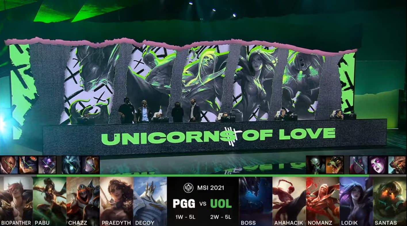A screenshot from the LoL Esports broadcast for the Mid-Season Invitational (MSI) match between Pentanet.GG and Unicorns of Love. The picked and banned champion drafts appear at the bottom of the image with a shot of the MSI stage above.