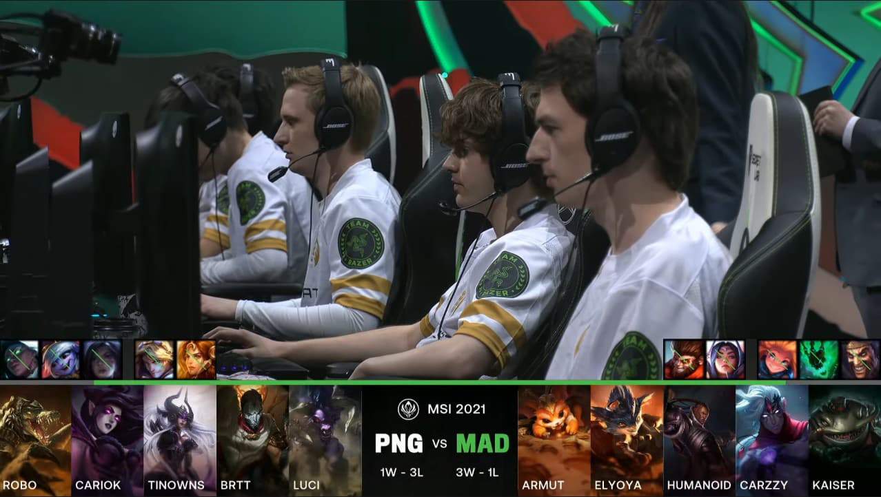 A screenshot from the LoL Esports broadcast for the Mid-Season Invitational (MSI) match between MAD Lions and paiN Gaming. The picked and banned champion drafts appear at the bottom of the image with a shot of the MAD Lions LoL lineup above.