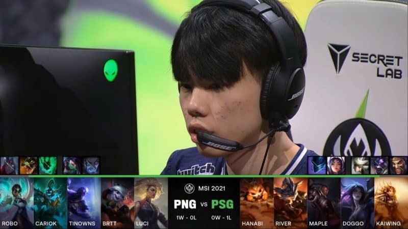 A screenshot from the LoL Esports broadcast for the Mid-Season Invitational (MSI) match between paiN Gaming and PSG.Talon. The picked and banned champion drafts appear at the bottom of the image with a shot of a PSG.Talon player above.