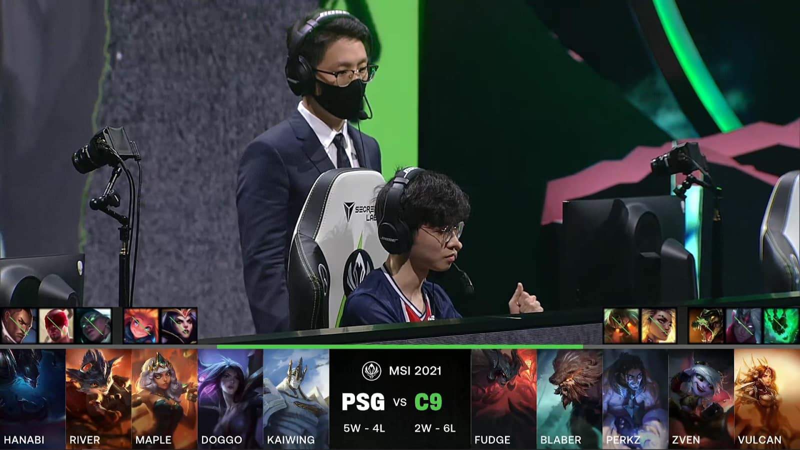 A screenshot from the LoL Esports broadcast for the Mid-Season Invitational (MSI) match between PSG.Talon and Cloud9. The picked and banned champion drafts appear at the bottom of the image with a shot of the PSG coach and players above.
