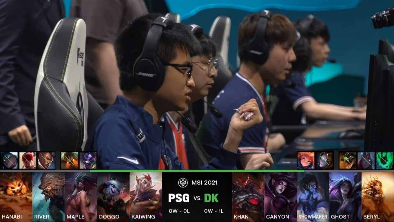 A screenshot from the LoL Esports broadcast for the Mid-Season Invitational (MSI) match between PSG.Talon and DAMWON KIA . The picked and banned champion drafts appear at the bottom of the image with a shot of the PSG LoL roster above.