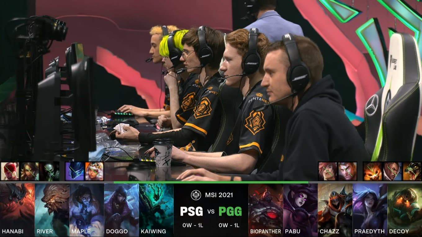 A screenshot from the LoL Esports broadcast for the Mid-Season Invitational (MSI) match between PSG.Talon and Pentanet.GG. The picked and banned champion drafts appear at the bottom of the image with a shot of the PGG roster above.