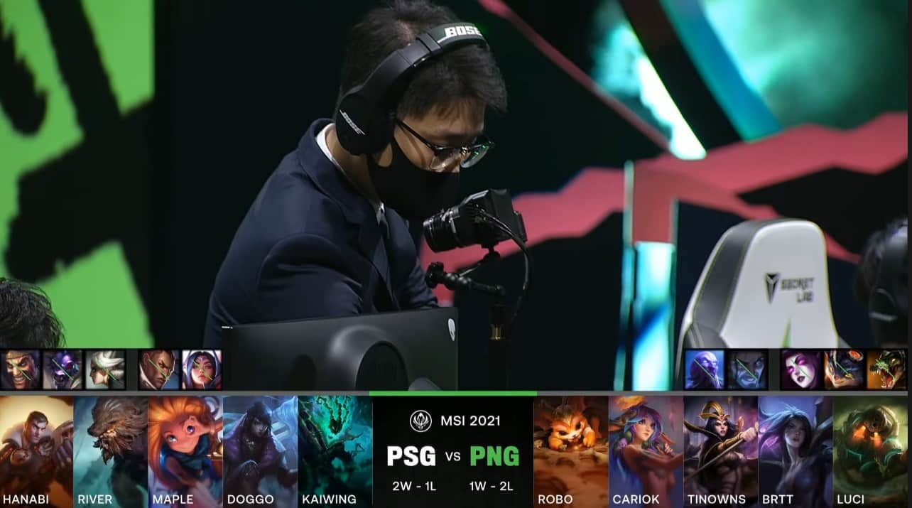 A screenshot from the LoL Esports broadcast for the Mid-Season Invitational (MSI) match between paiN Gaming and PSG.Talon. The picked and banned champion drafts appear at the bottom of the image with a shot of a team coach above.
