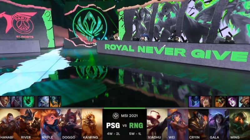 A screenshot from the LoL Esports broadcast for the Mid-Season Invitational (MSI) match between PSG.Talon and Royal Never Give Up (RNG). The picked and banned champion drafts appear at the bottom of the image with a shot of the 2021 MSI stage above.