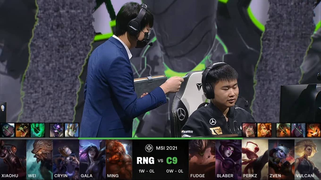 A screenshot from the LoL Esports broadcast for the Mid-Season Invitational (MSI) match between Cloud9 and Royal Never Give Up (RNG). The picked and banned champion drafts appear at the bottom of the image with a shot of the RNG team above.