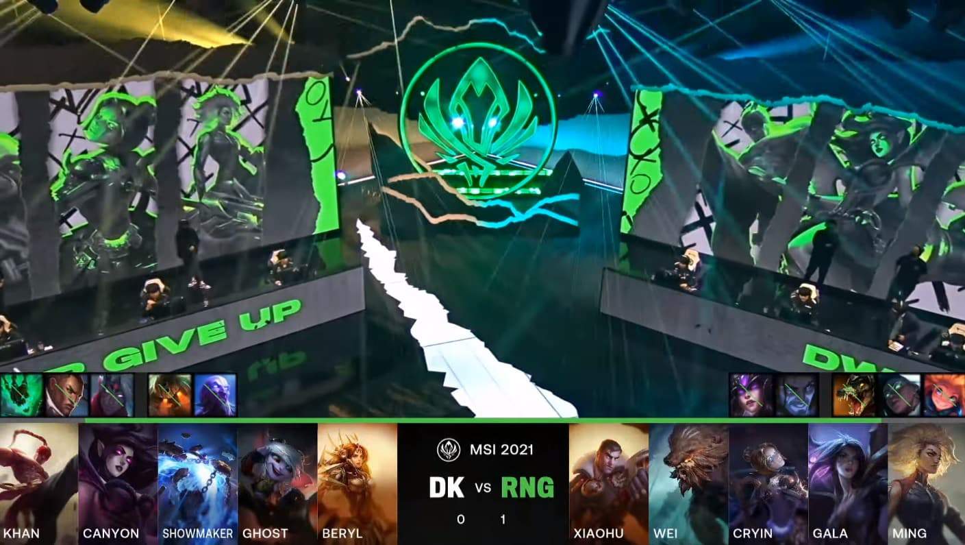 A screenshot from the LoL Esports broadcast for the Mid-Season Invitational (MSI) Grand Finals match between Royal Never Give Up (RNG) and DAMWON KIA for Game Two. The picked and banned champion drafts appear at the bottom of the image with a shot of the MSI stage above.