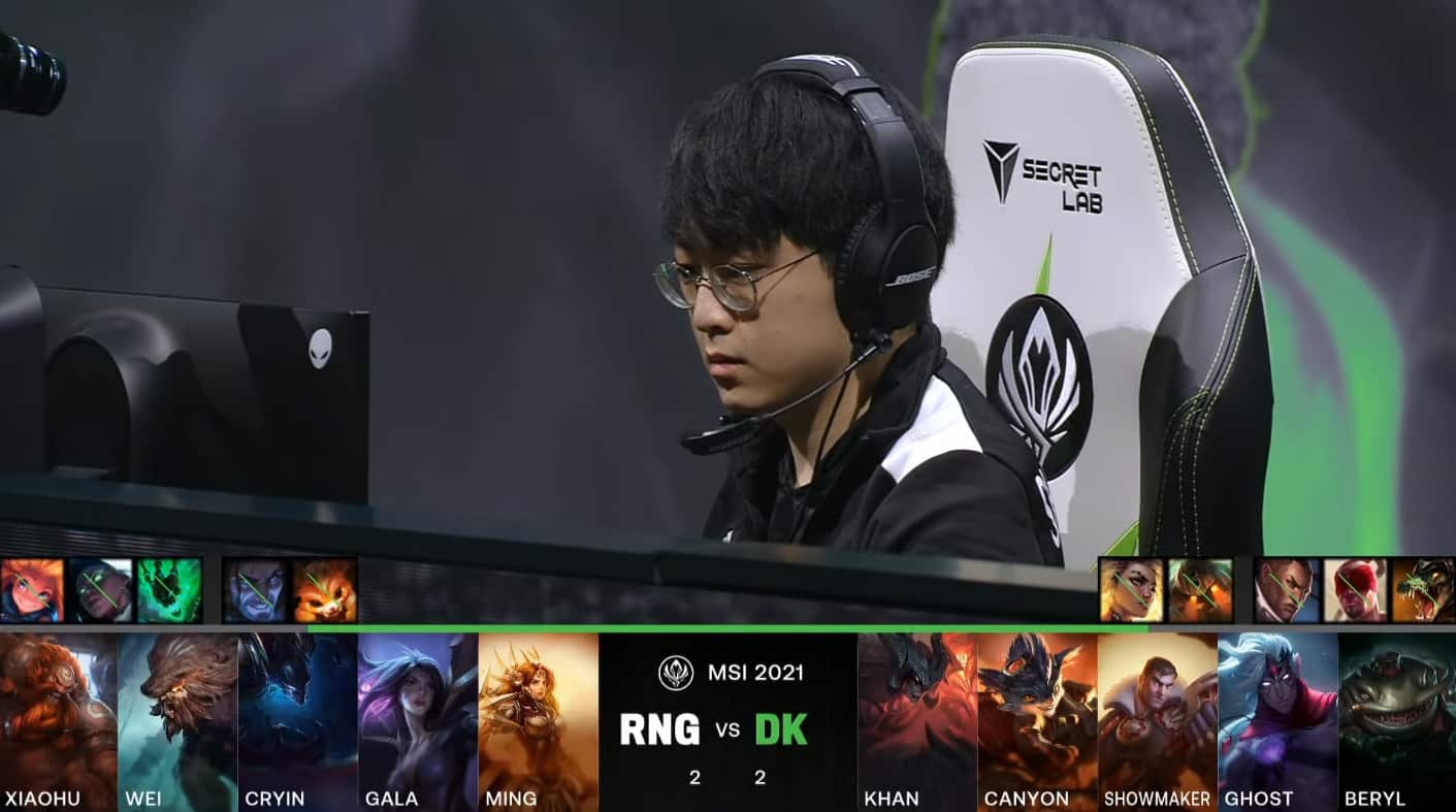 A screenshot from the LoL Esports broadcast for the Mid-Season Invitational (MSI) Grand Finals match between Royal Never Give Up (RNG) and DAMWON KIA for Game Five. The picked and banned champion drafts appear at the bottom of the image with a shot of DK Showmaker above.