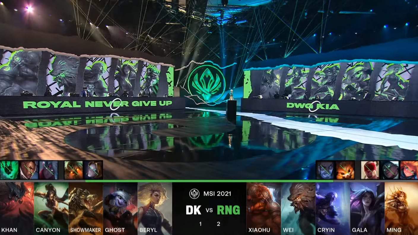A screenshot from the LoL Esports broadcast for the Mid-Season Invitational (MSI) Grand Finals match between Royal Never Give Up (RNG) and DAMWON KIA for Game Four. The picked and banned champion drafts appear at the bottom of the image with a shot of the MSI stage above.