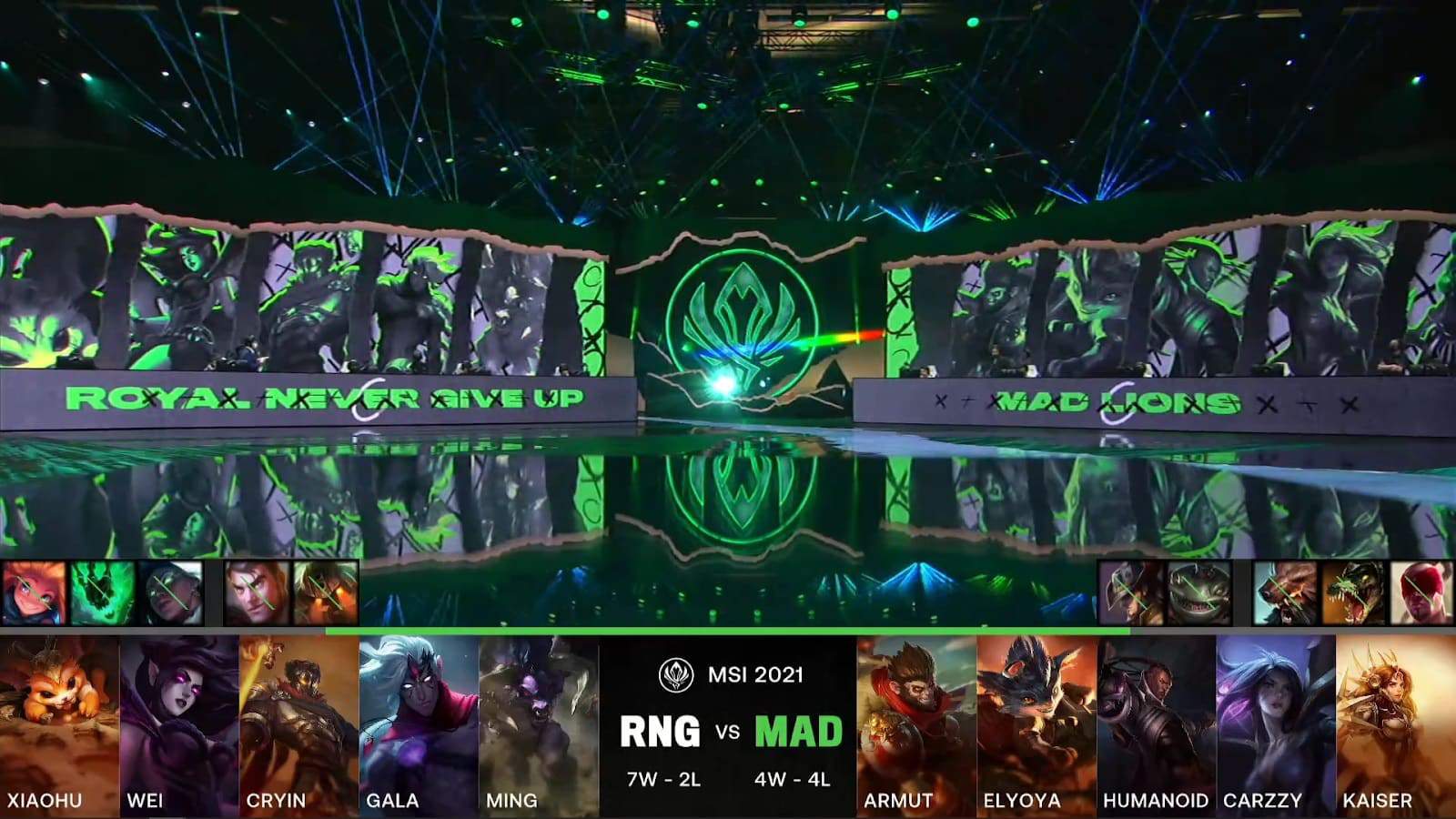 A screenshot from the LoL Esports broadcast for the Mid-Season Invitational (MSI) match between RNG and MAD Lions. The picked and banned champion drafts appear at the bottom of the image with a shot of the 2021 MSI stage above.