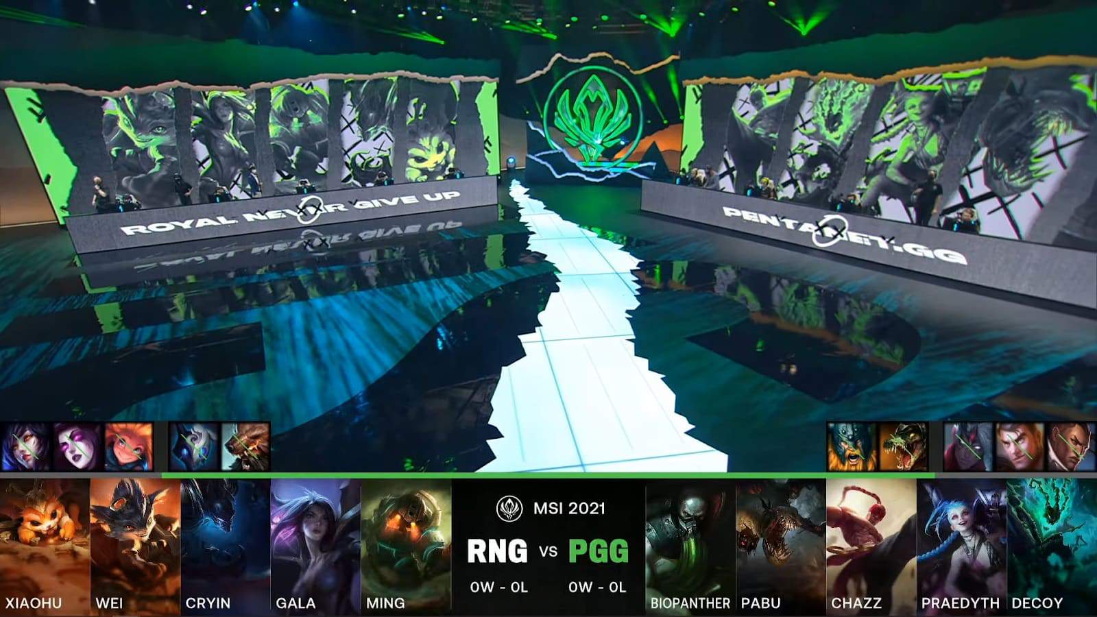 A screenshot from the LoL Esports broadcast for the Mid-Season Invitational (MSI) match between Pentanet.GG and Royal Never Give Up (RNG). The picked and banned champion drafts appear at the bottom of the image with a shot of the MSI stage above.
