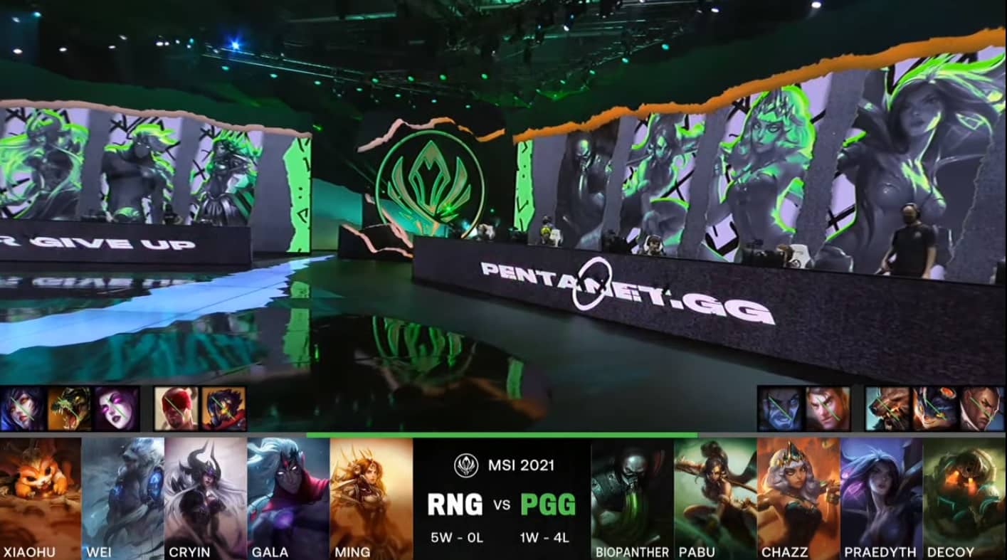 A screenshot from the LoL Esports broadcast for the Mid-Season Invitational (MSI) match between Pentanet.GG and Royal Never Give Up (RNG). The picked and banned champion drafts appear at the bottom of the image with a shot of the MSI stage above.