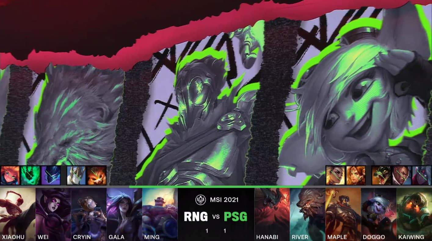 A screenshot from the LoL Esports broadcast for the Mid-Season Invitational (MSI) Semifinal match between Royal Never Give Up (RNG) and PSG.Talon. The picked and banned champion drafts appear at the bottom of the image with a shot of LoL champions Udyr, Viktor and Tristana above.