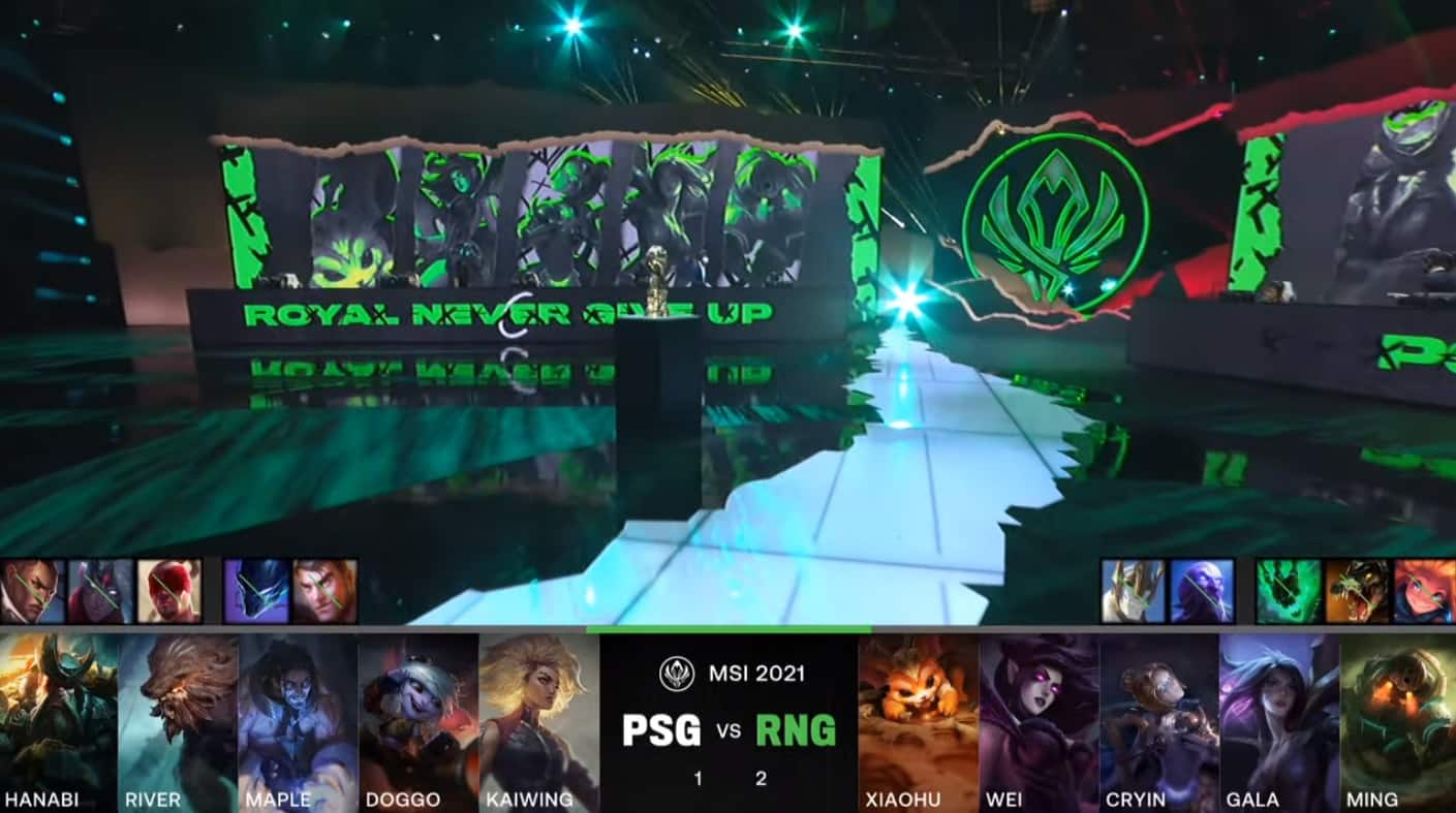 A screenshot from the LoL Esports broadcast for the Mid-Season Invitational (MSI) Semifinal match between Royal Never Give Up (RNG) and PSG.Talon. The picked and banned champion drafts appear at the bottom of the image with a shot of the 2021 MSI stage above.