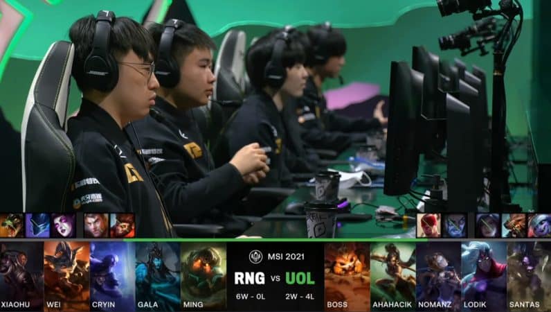A screenshot from the LoL Esports broadcast for the Mid-Season Invitational (MSI) match between Royal Never Give Up (RNG) and Unicorns of Love. The picked and banned champion drafts appear at the bottom of the image with a shot of the RNG LoL roster above.