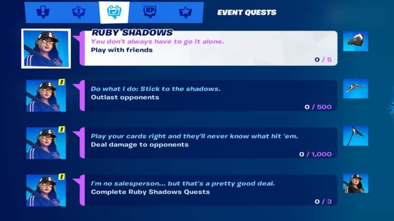 A series of text boxes from Fortntie character Ruby Shadows showing challenges to unlock the Streets Shadows Pack.
