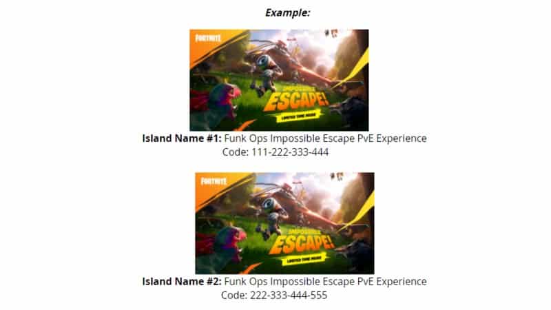 An example of a stolen Creative Mode map in Fortnite, showing the Funk Ops Impossible Escape PvE Experience map twice with two different codes.