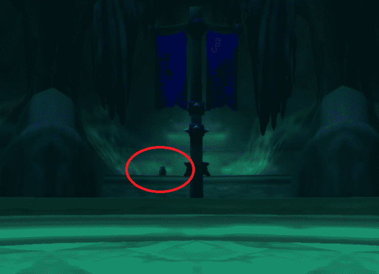 An in-game screenshot of Shadow Labyrinth in World of Warcraft, with a red circle pointing out an urn for TBC Karazhan. 