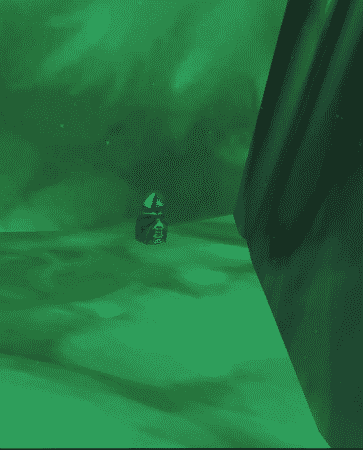 An in-game screenshot from The Alcatraz in World of Warcraft, with a small blue urn in a corner of a green room.