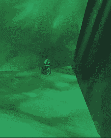 An in-game screenshot from The Alcatraz in World of Warcraft, with a small blue urn in a corner of a green room.