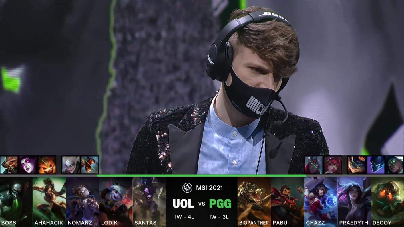 A screenshot from the LoL Esports broadcast for the Mid-Season Invitational (MSI) match between Pentanet.gg and Unicorns of Love. The picked and banned champion drafts appear at the bottom of the image with a shot of UOL coach Sheepy above.