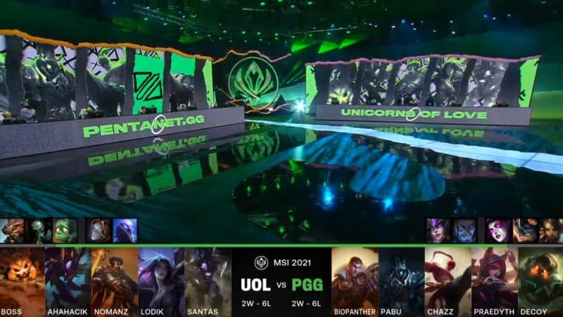 A screenshot from the LoL Esports broadcast for the Mid-Season Invitational (MSI) match between Pentanet.GG and Unicorns of Love. The picked and banned champion drafts appear at the bottom of the image with a shot of the MSI stage above.