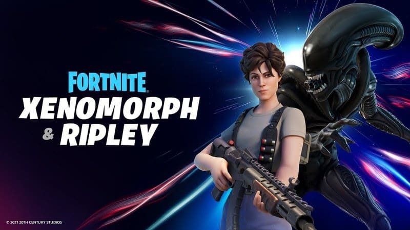 Ellen Ripley's and Alien's Fortnite skins appear next to the words "Fortnite Xenomorph & Ripley".