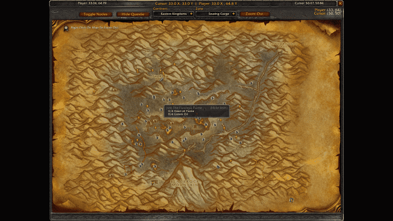 A screenshot from World of Warcraft Classic, showing a map with the Questie add-on.