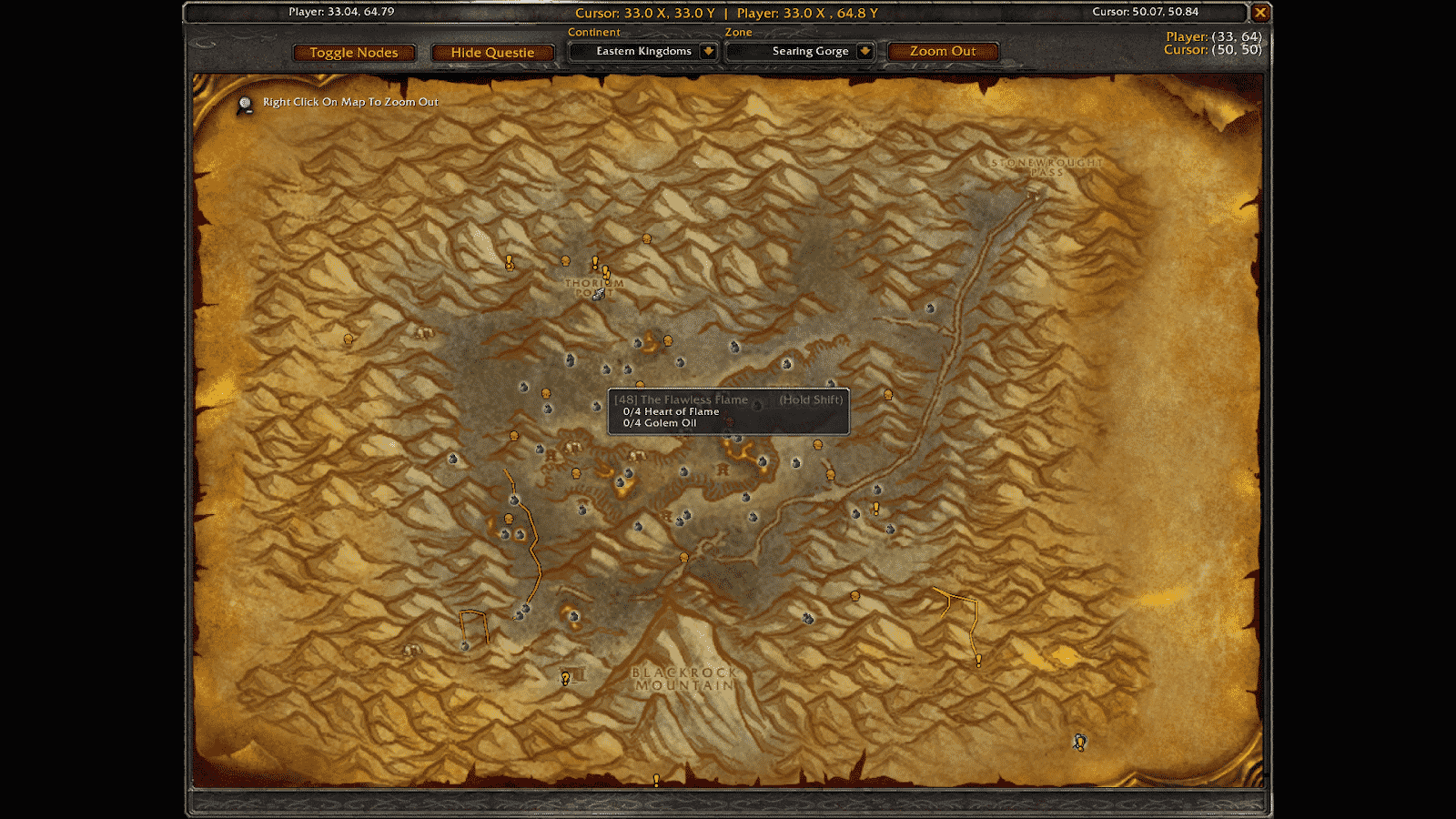 A screenshot from World of Warcraft Classic, showing a map with the Questie add-on.