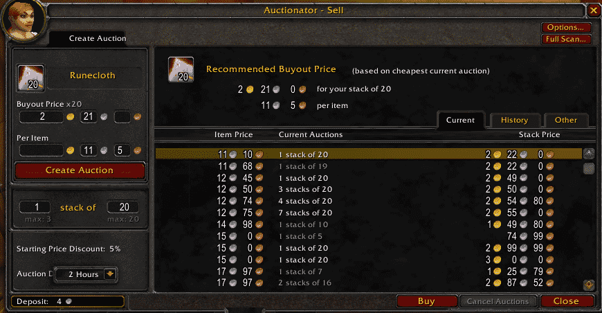 A screenshot of the WoW Classic auction house with the Auctionator ClassicFix add-on. WotLK Classic best addons