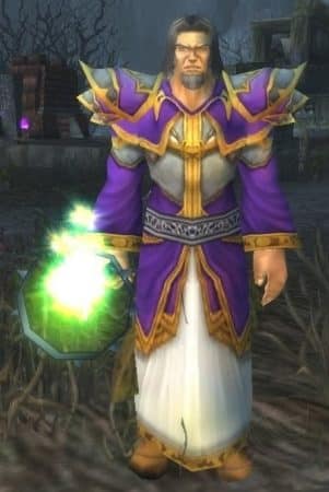 WoW character Archmage Alturus stands in-game with a glowing green staff.