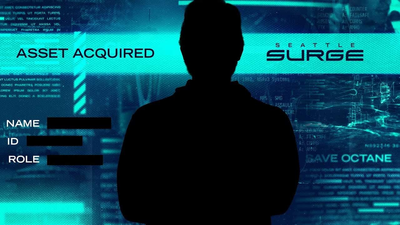 A shadow silhouette appears against a blue and green terminal background. The message "Asset Acquired" appears beside the silhouette with the Seattle Surge logo appearing on the opposite side
