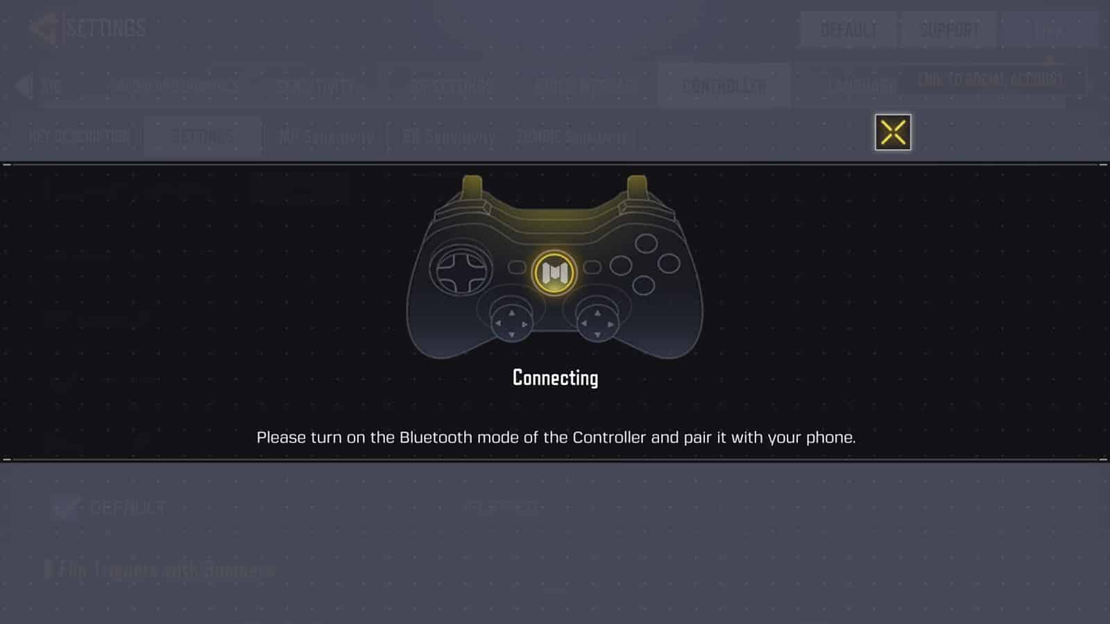 The controller connection screen, showing a generic handheld video game controller on a black screen with the word "connecting" and the instructions "Please turn on the Bluetooth mode of the Controller and pair it with your phone." written beneath